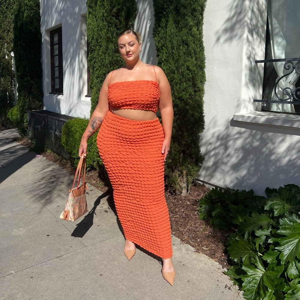 Elegant Orange Textured Skirt and top set